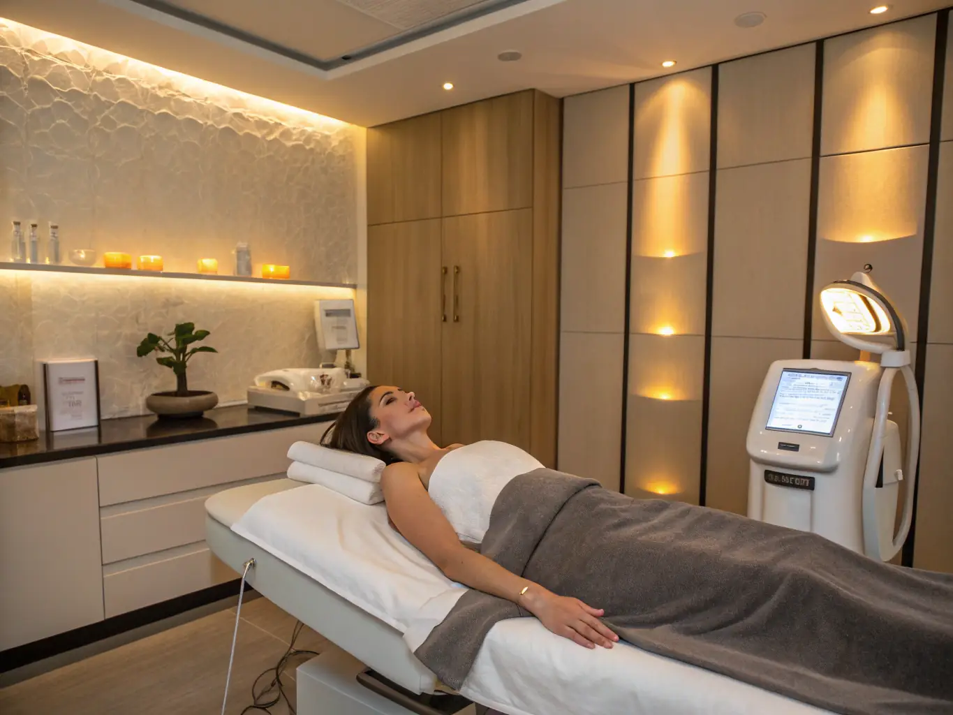 An image showcasing a client undergoing a non-invasive body contouring treatment in a serene and modern clinic environment.