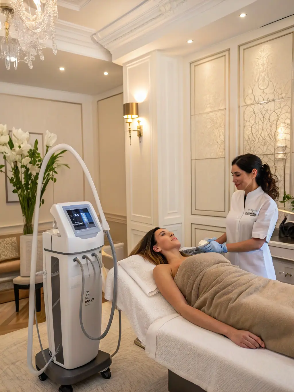 A close-up shot of a client receiving a non-invasive body contouring treatment on their abdomen, showcasing the advanced technology being used and the relaxed atmosphere of the clinic.