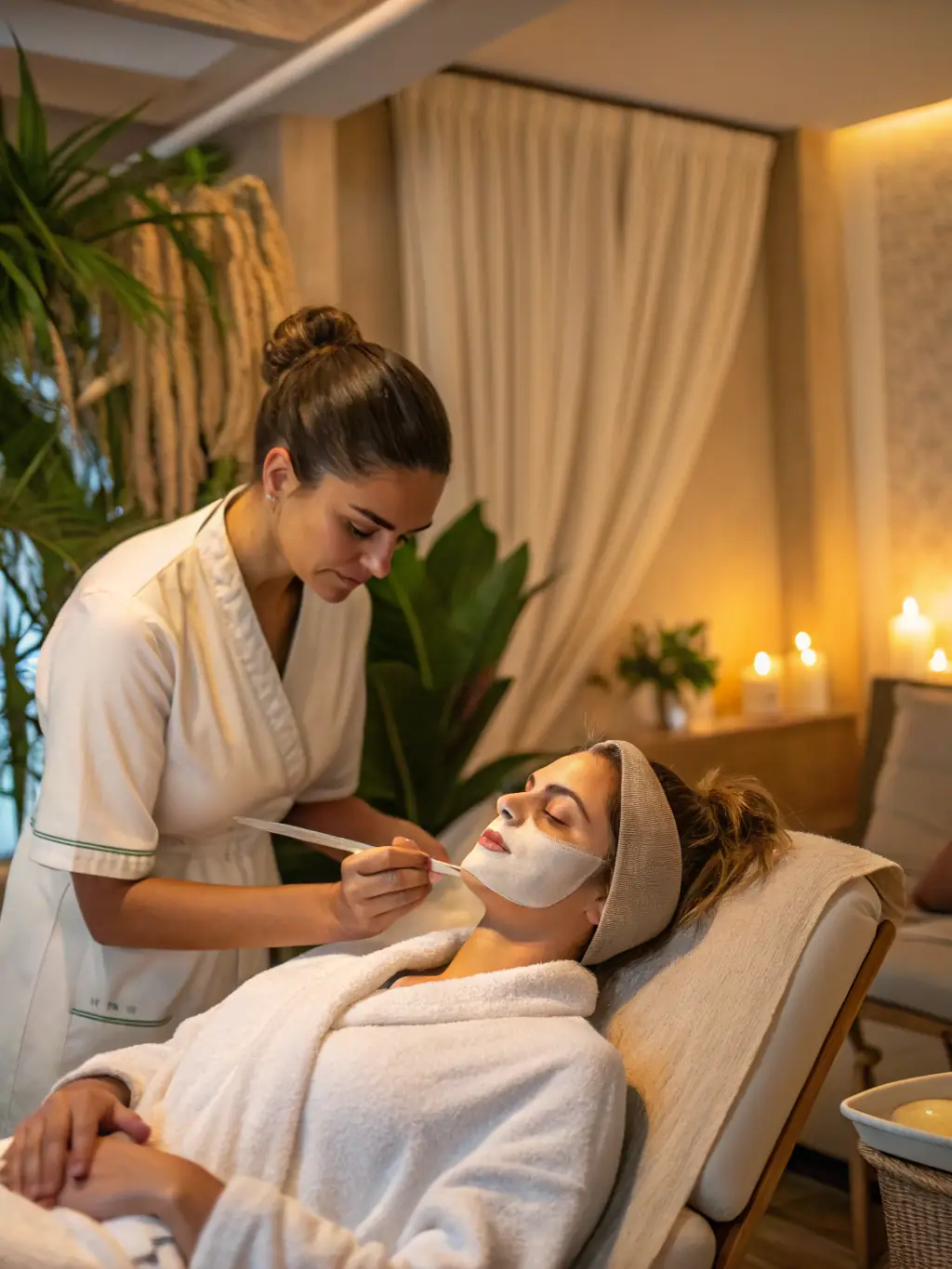 A serene image of a client enjoying a rejuvenating facial treatment, highlighting the soothing ambiance and the expert care provided by the esthetician.